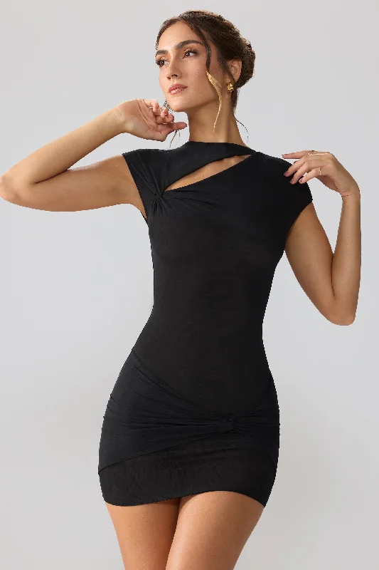 Mesh Cap Sleeve Cut Out Mini Dress in Black