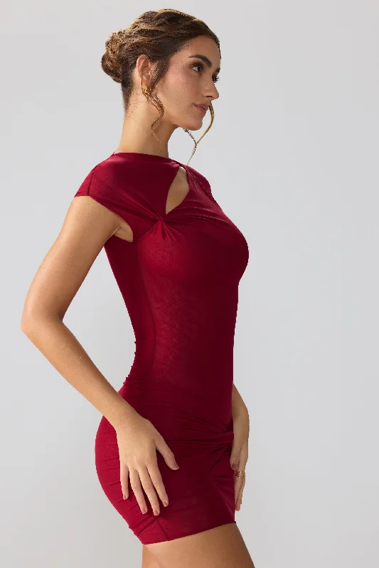 Mesh Cap Sleeve Cut Out Mini Dress in Ruby