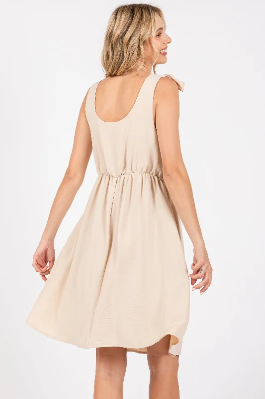 Beige Solid Tie-Shoulder Scoop Neck Dress