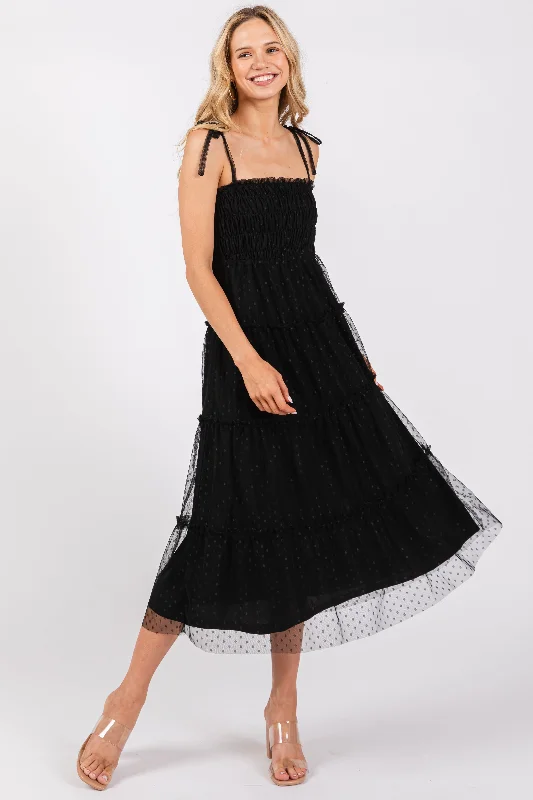 Black Smocked Polka Dot Mesh Shoulder Tie Midi Dress