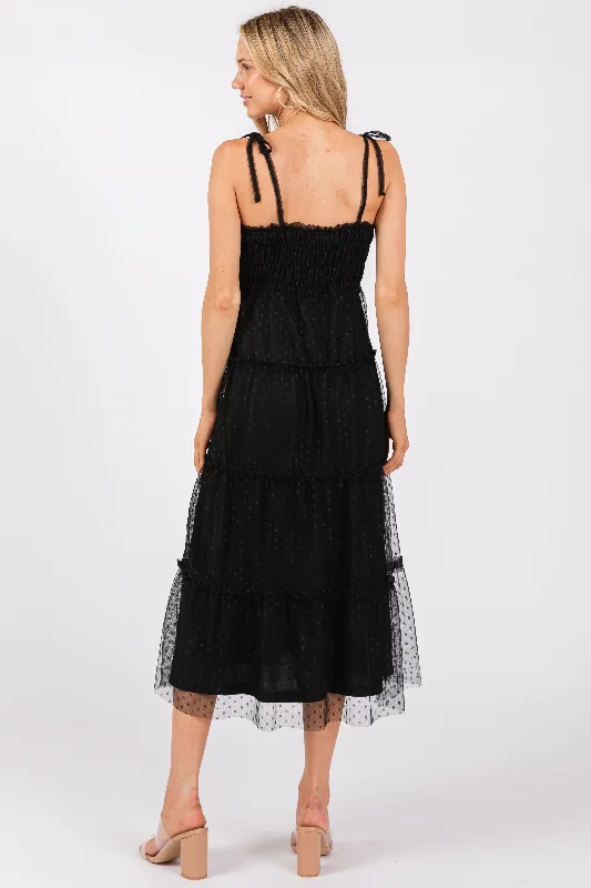 Black Smocked Polka Dot Mesh Shoulder Tie Midi Dress