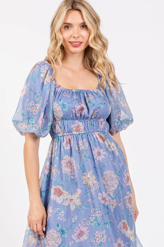 Blue Floral Chiffon Puff Sleeve Midi Dress