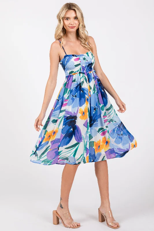 Blue Floral Smocked Chiffon Midi Dress