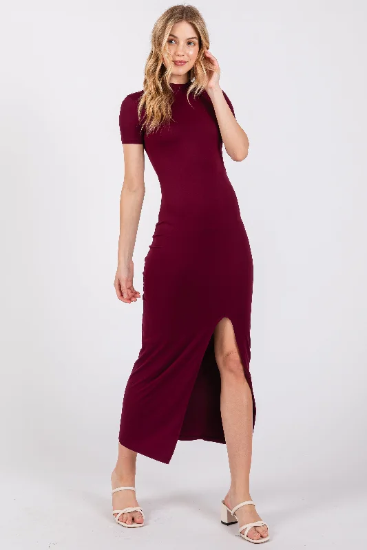 Burgundy Mock Neck Front Slit Short Sleeve Maxi Dress