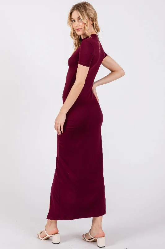 Burgundy Mock Neck Front Slit Short Sleeve Maxi Dress