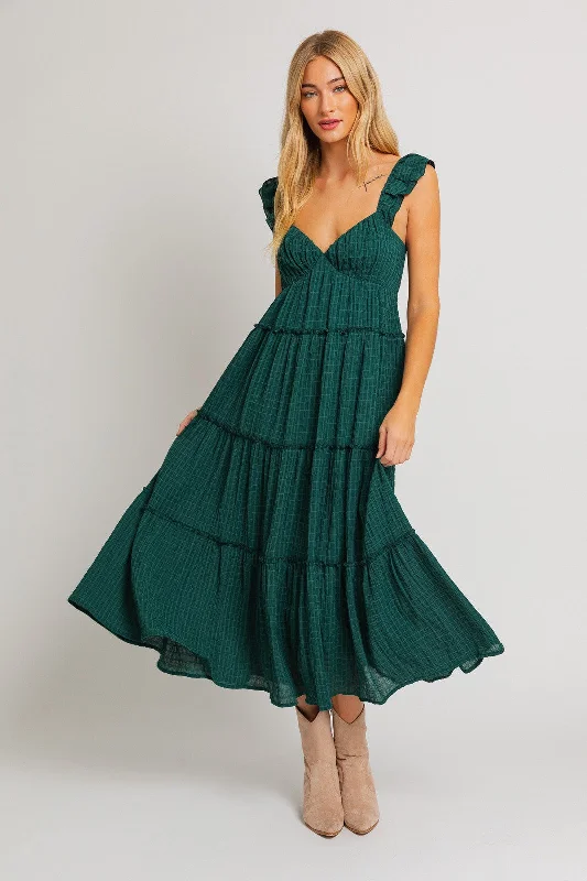 Forest Green Textured Tiered Midi Dress