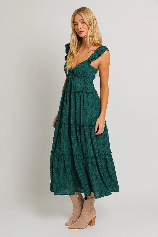 Forest Green Textured Tiered Midi Dress