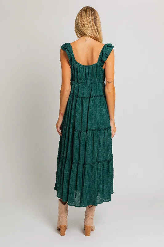 Forest Green Textured Tiered Midi Dress