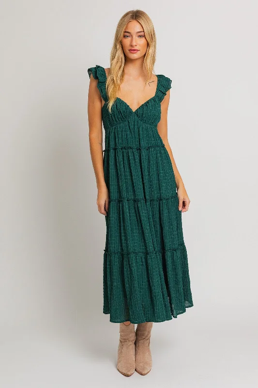 Forest Green Textured Tiered Midi Dress