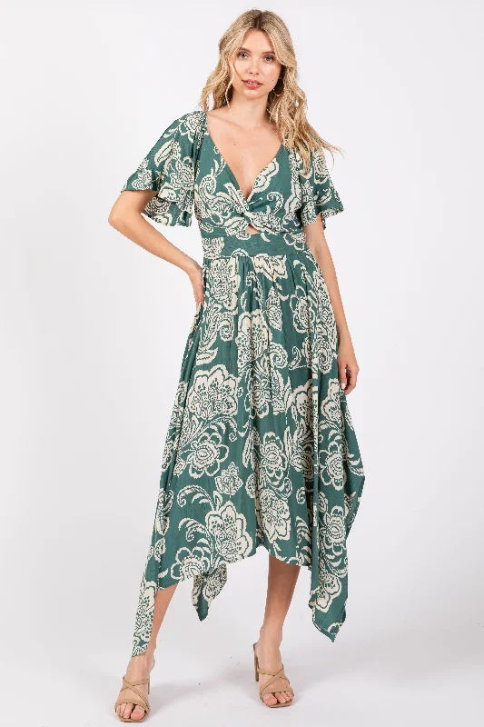 Green Floral Cutout Midi Dress