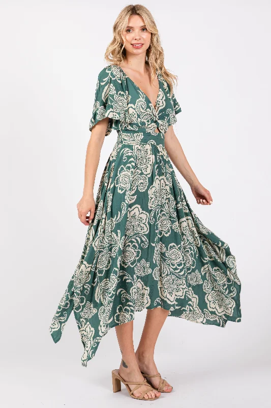 Green Floral Cutout Midi Dress