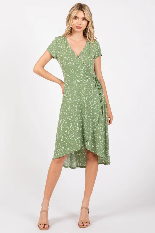 Green Floral Hi-Lo Wrap Dress