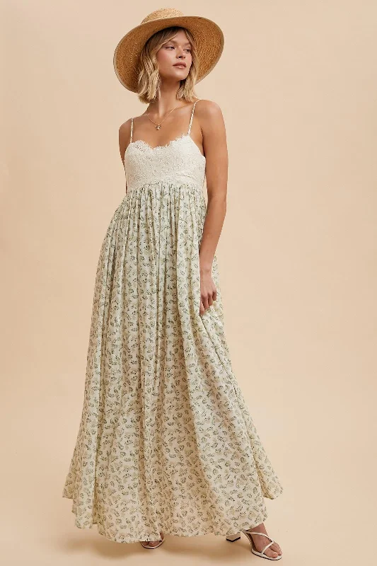 Green Floral Lace Contrast Maxi Dress