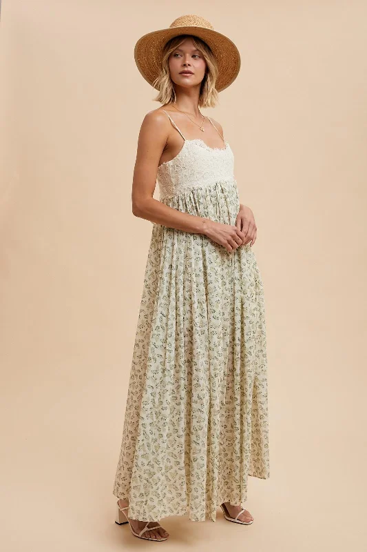 Green Floral Lace Contrast Maxi Dress