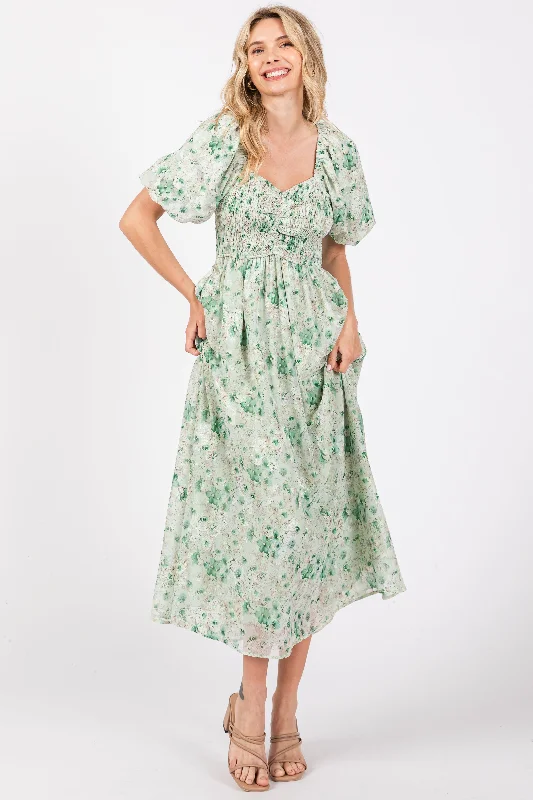 Green Floral Smocked Sweetheart Neck Short Puff Sleeve Midi Dress