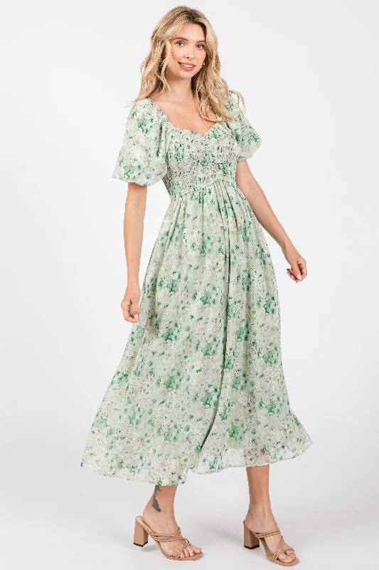 Green Floral Smocked Sweetheart Neck Short Puff Sleeve Midi Dress