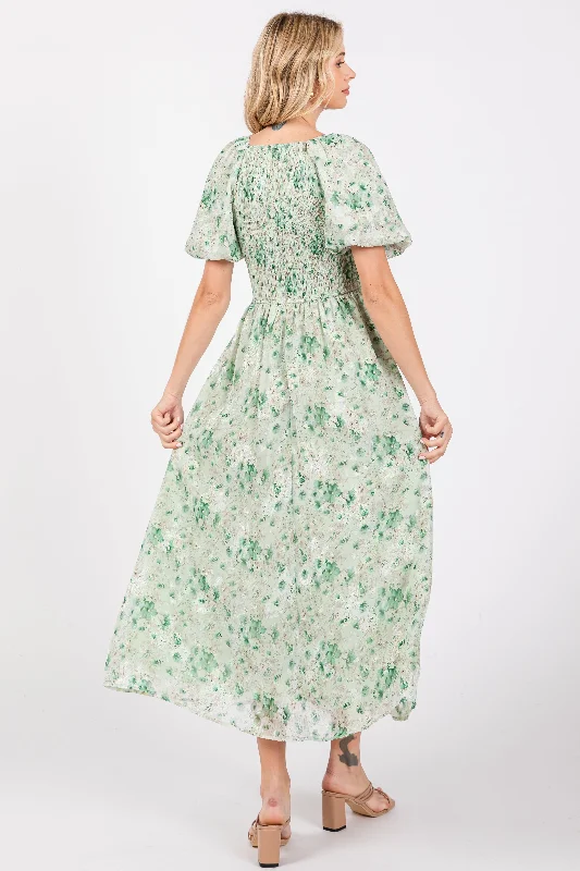 Green Floral Smocked Sweetheart Neck Short Puff Sleeve Midi Dress