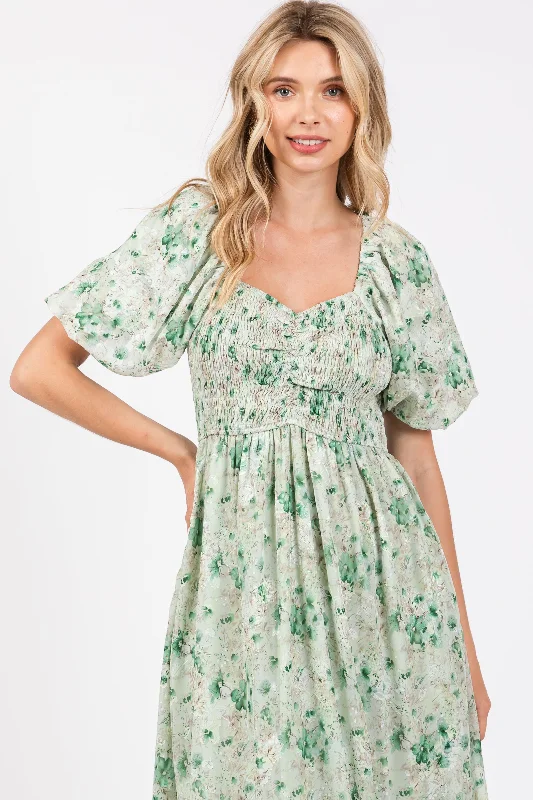 Green Floral Smocked Sweetheart Neck Short Puff Sleeve Midi Dress