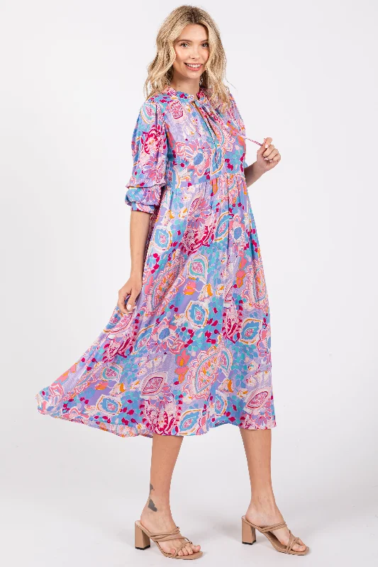 Lavender Paisley Print Tiered A-Line Midi Dress