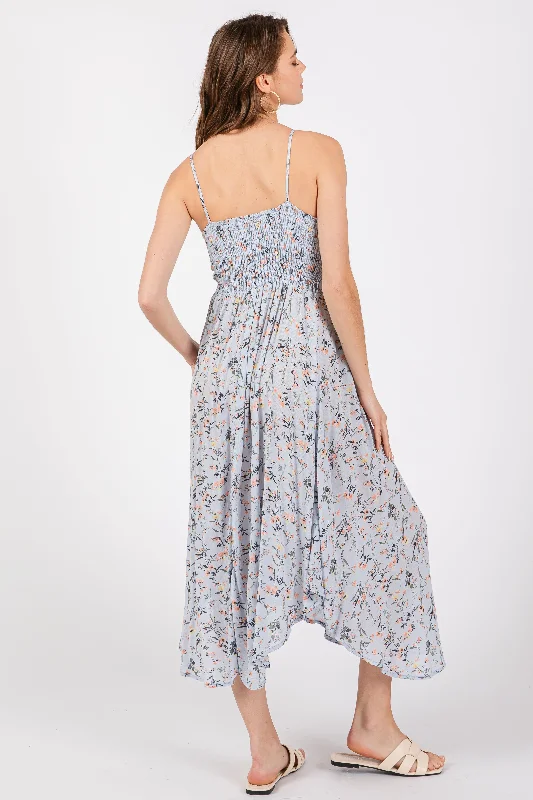 Light Blue Floral Cinched Tie Bust Midi Dress