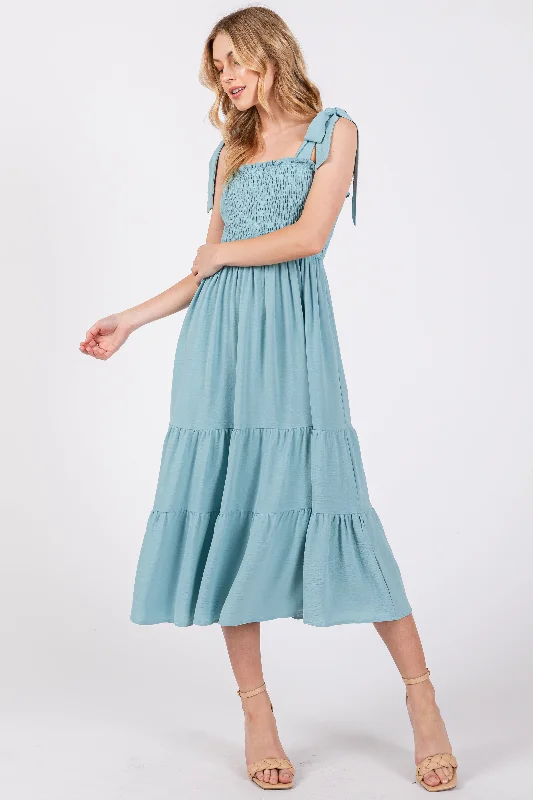 Light Blue Smocked Tie Strap Tiered Midi Dress