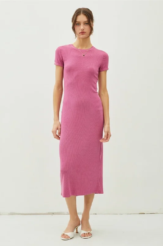 Magenta Rib Knit Back Slit Dress