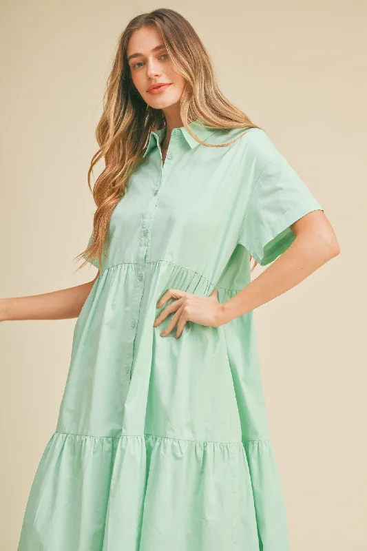 Mint Green Tiered Button Down Midi Dress