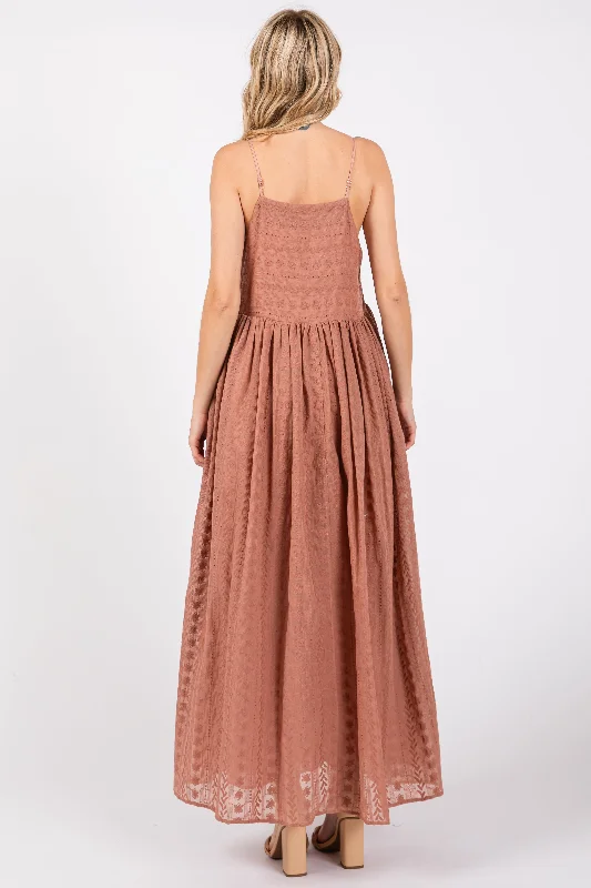 Mocha Embroidered Tassel Tie Maxi Dress