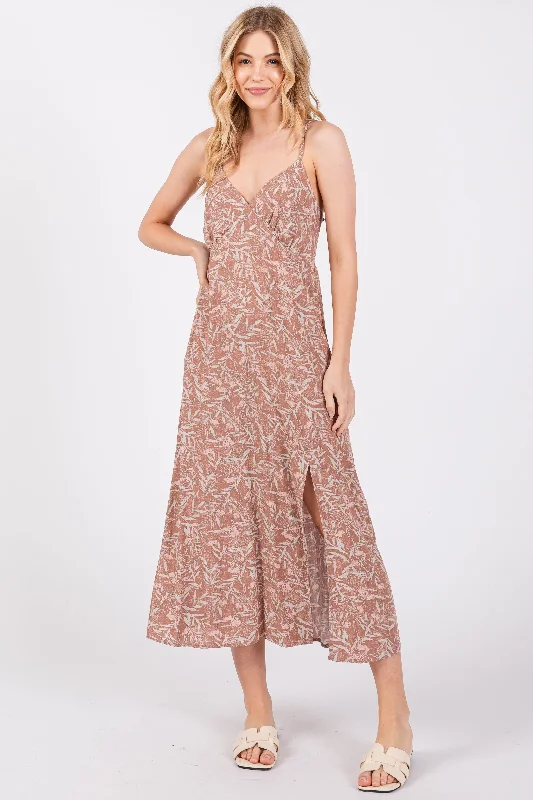 Mocha Floral V-Neck Side Slit Midi Dress