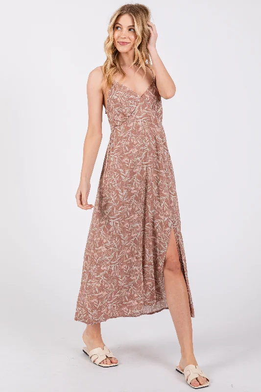 Mocha Floral V-Neck Side Slit Midi Dress