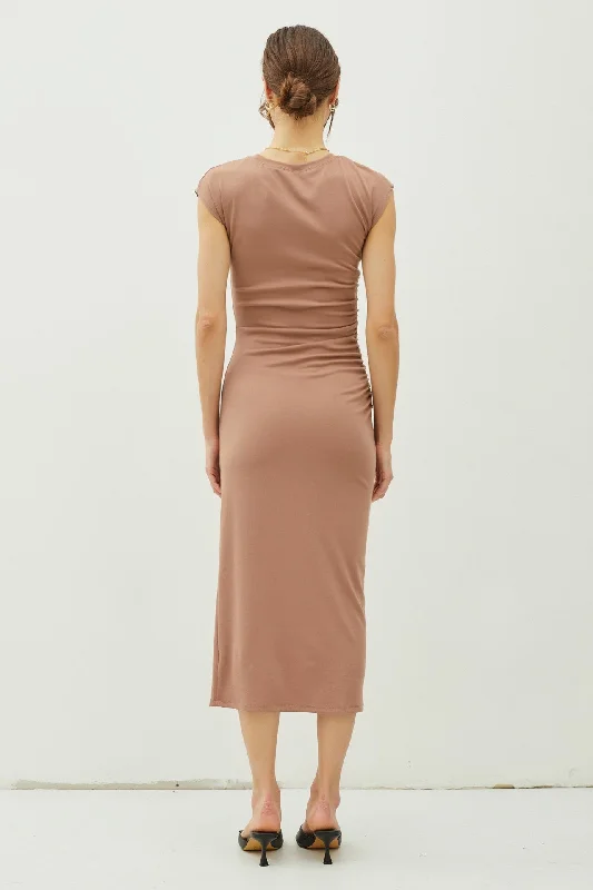 Mocha Side Ruched Midi Dress