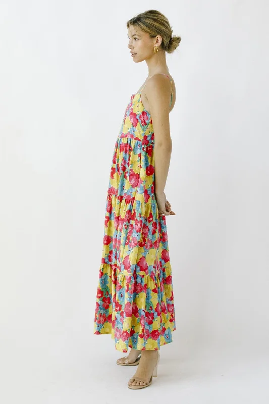 Multi-Color Floral Low Back Tiered Midi Dress