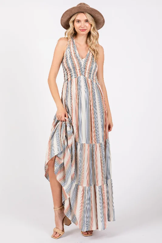 Multi-Color Striped Smocked Racerback Maxi Dress