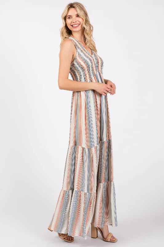 Multi-Color Striped Smocked Racerback Maxi Dress