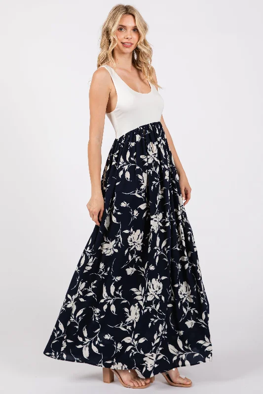 Navy Colorblock Floral Maxi Dress