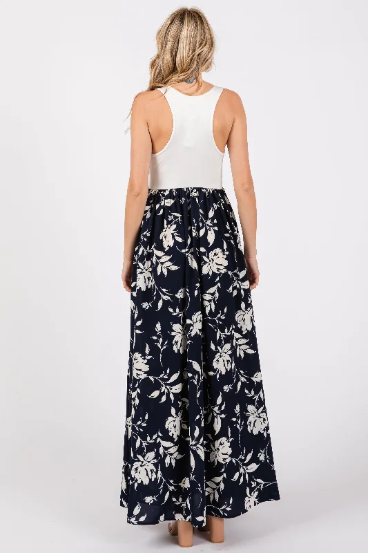 Navy Colorblock Floral Maxi Dress