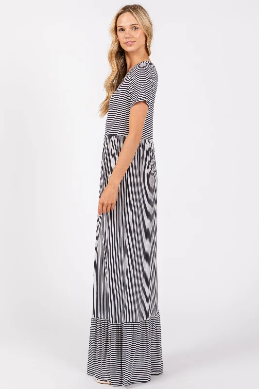 Navy Striped Short Sleeve Maxi Dress