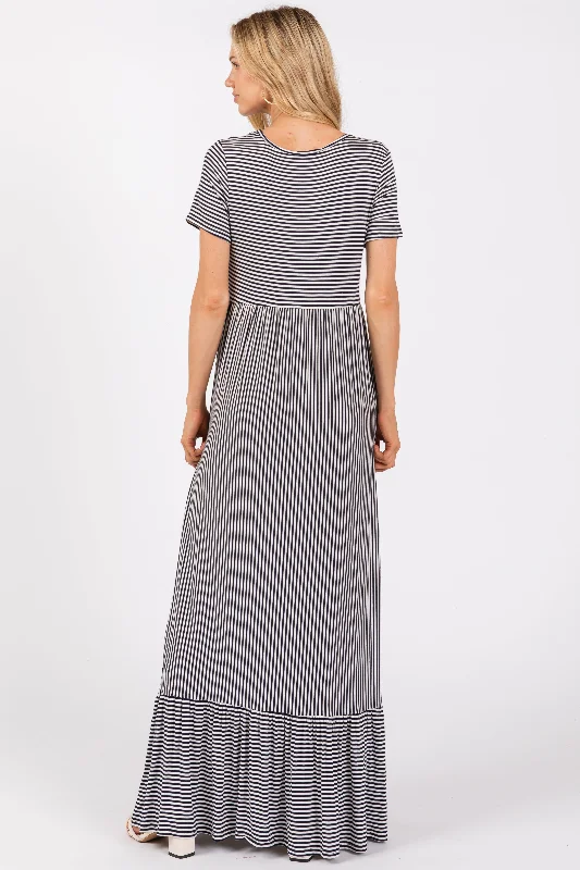 Navy Striped Short Sleeve Maxi Dress