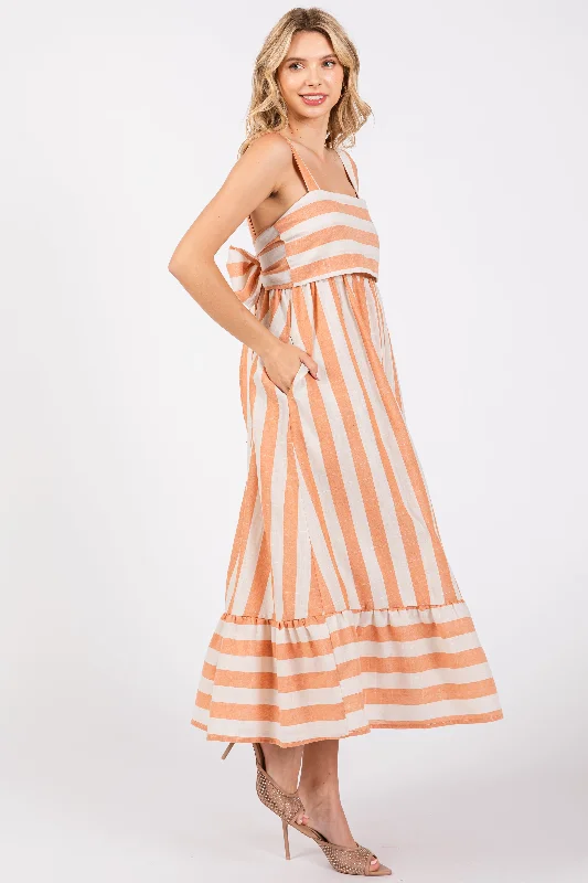 Orange Linen Striped Tie Back Midi Dress