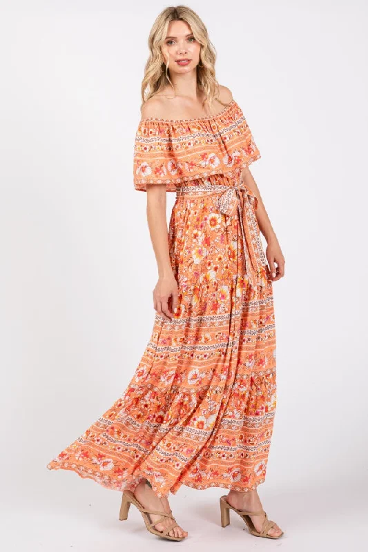 Peach Floral Off Shoulder Maxi Dress