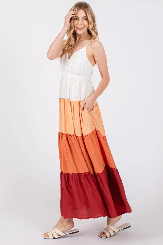 Peach V-Neck Tiered Color Block Midi Dress