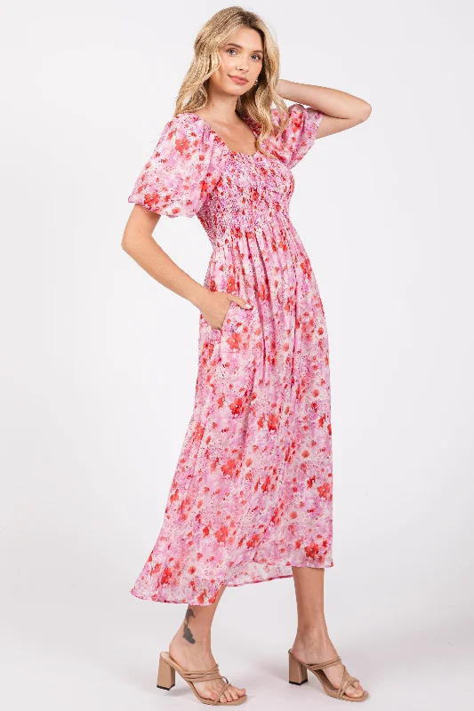 Pink Floral Smocked Sweetheart Neck Short Puff Sleeve Midi Dress