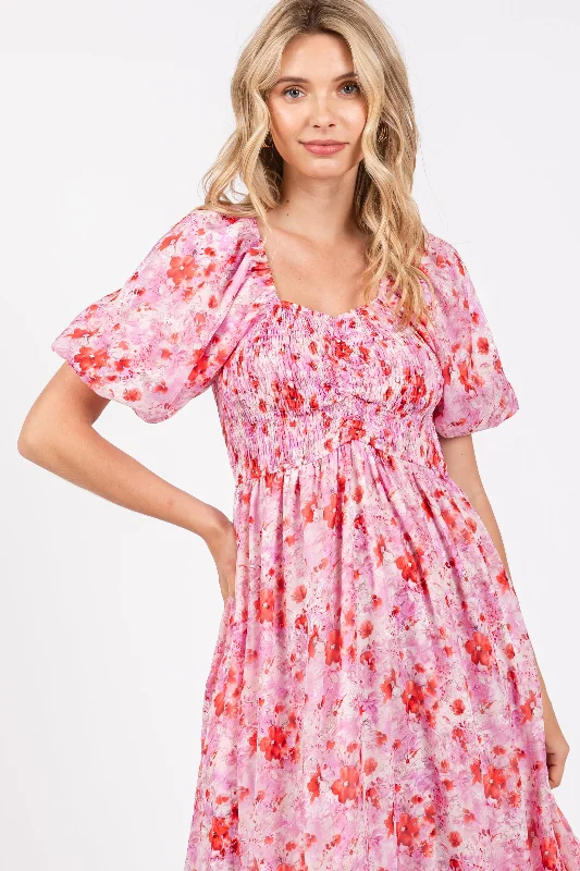 Pink Floral Smocked Sweetheart Neck Short Puff Sleeve Midi Dress