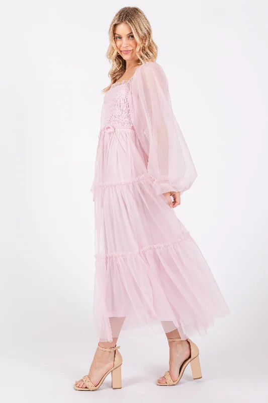 Pink Mesh Tiered Long Sleeve Maxi Dress