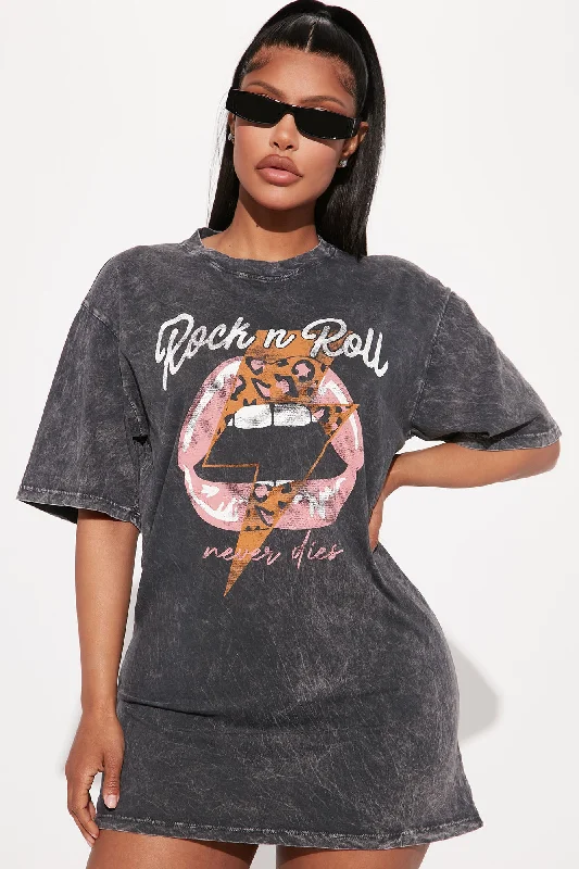 Rock N Roll Washed T-Shirt Dress - Charcoal