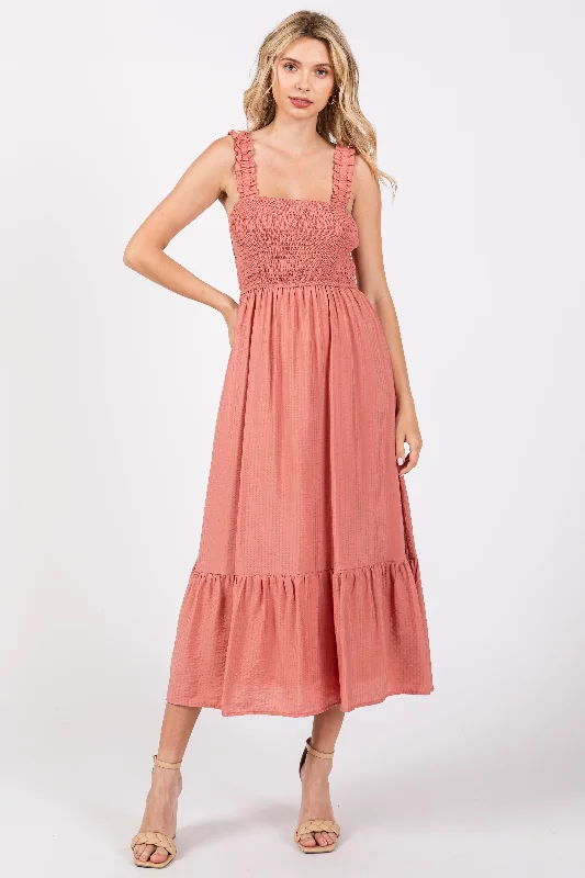 Rust Smocked Bodice Maxi Dress