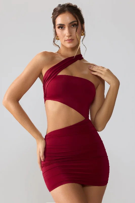 Slinky Jersey Ruched Cut Out Mini Dress in Ruby