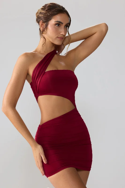 Slinky Jersey Ruched Cut Out Mini Dress in Ruby