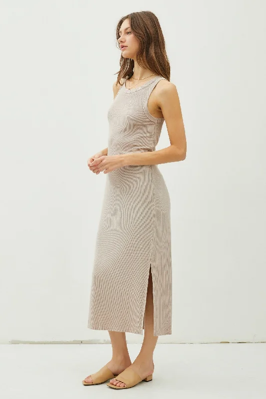 Taupe Ribbed Knit Side Slit Sleeveless Dress