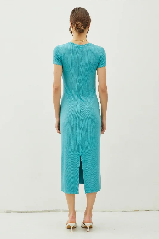 Turquoise Rib Knit Back Slit Dress